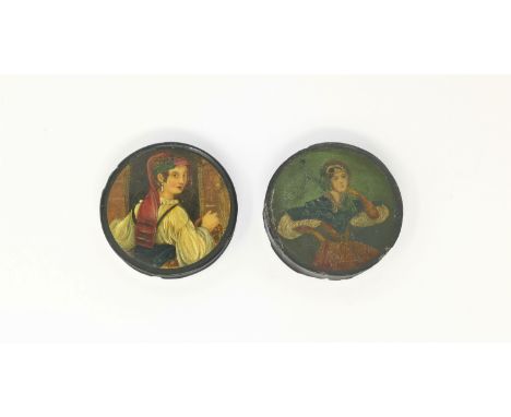 A 19th century continental lacquer patch box with portrait of a young girl in red headdress; and another 