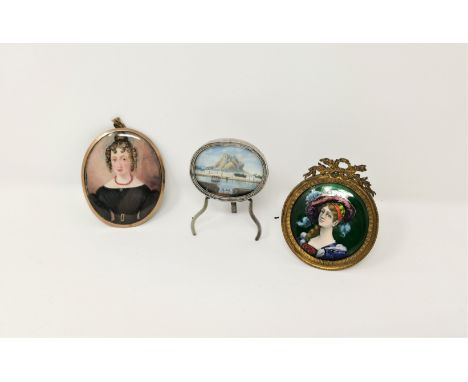A 19th century continental enamel miniature portrait of a young lady, 4.8 cm diameter, gilt metal frame; another in gilt meta