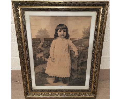 A large photo art portrait of a young girl in patterned linen dress, c. 1900, 87 x 65 cm, gilt framed 