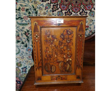 An Edwardian small pine wall cupboard with pokerwork decoration, enclosed by single door, height 49 cm; an oriental small 2 h