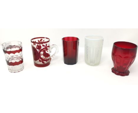 A pair of opaline glass tumblers, 11 cm; a pair in ruby glass; a set of red glass similar; a further set of 6 overlaid glass 