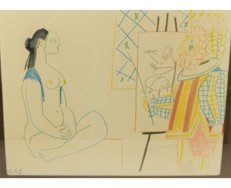 Picasso:  a colour lithograph, self-portrait, artist with model, 3.2.54.II, 24 x 31 cm, mounted in Perspex frame 
