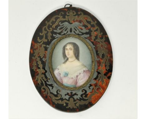 A 19th century miniature half length portrait of a woman, in oval boullework frame, 16.8 x 13 cm 