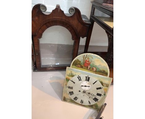 A 19th century oak and mahogany longcase clock with swan neck pediment, short door and arched painted dial with 8 day strikin