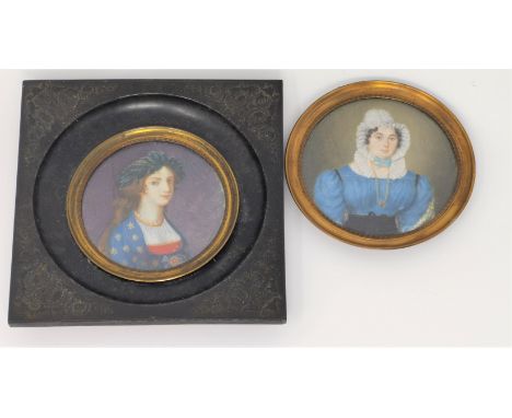 A 19th century miniature portrait of woman in lace collar and cap, diameter 7 cm, gilt metal frame; and another 