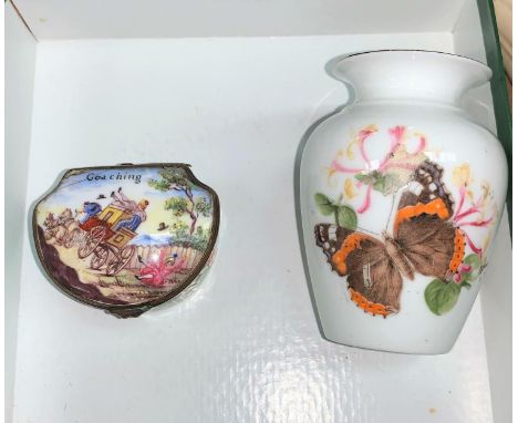 A small Royal Worcester handpainted vase 'Butterflies', height 8cm; a Bilston style 18th century style enamel box 'Coaching' 