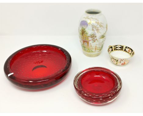 An unusual Carlton Ware white and pearlescent vase, A Royal Crown Derby cup and two Whitefriars style bubble shallow dishes 