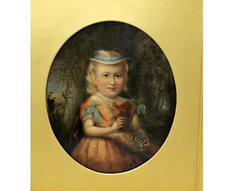 19th Century:  oil on card, a three quarter length portrait of a young girl holding a bird's nest, oval mount, 30 x 25 cm, gi