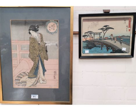 A Japanese colour woodblock print of a geisha, 36 x 25 cm; and another 