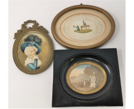 An oval miniature portrait of a woman in ostrich feather hat, gilt metal frame, 14 cm overall; 2 others