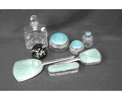 Dressing table set, glass decanter and Caithness paperweight.