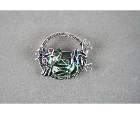 Silver and Plique A Jour Frog Brooch with Ruby Eyes