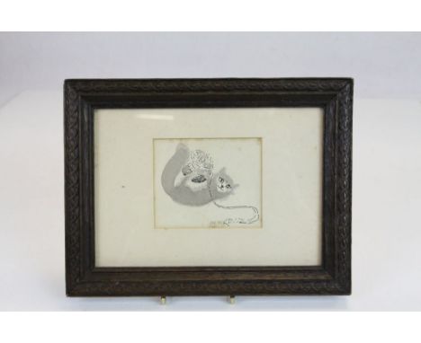 Michael Charlton 1923 - 2008 illustrator portrait of a cat pen and wash dated 47