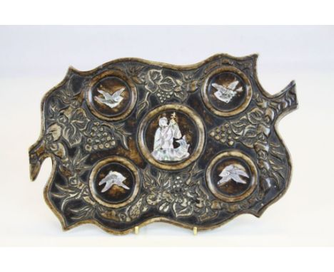 Oriental Soapstone style Tray with Floral decoration and set with five Mother of Pearl images, four of them Birds, the centra