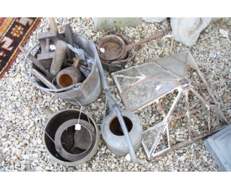 Collection of vintage tools, galvanised bucket and watering can etc. 