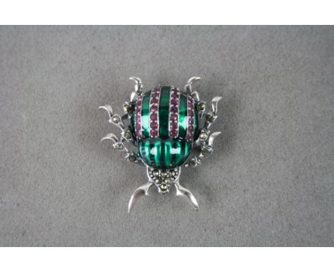 Silver Enamel Set Bug Pendant / Brooch with Ruby Panels