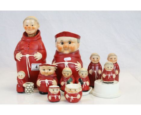 Collection of Goebel Hummel Friar Tuck Monk figures in Red to include; Stoppered Decanter, Matchbox Holder, Jugs etc