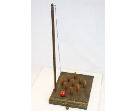 Vintage Pub Bar Skittles game, varnished &amp; painted Wood with Brass chain for the ball and integral scoreboard, with two p