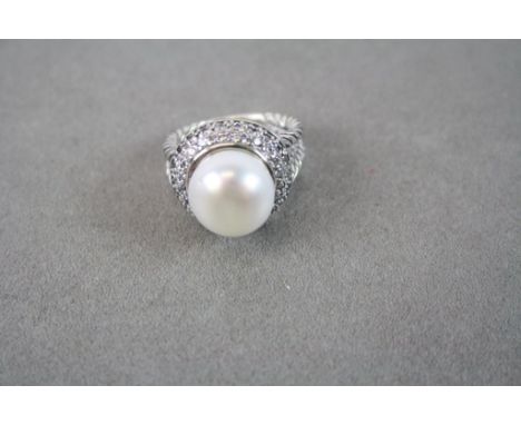 Silver Dress Ring set with CZ and Large Freshwater Pearl