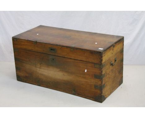 19th century Brass Bound Camphor Wood Campaign Travelling Chest / Trunk with Brass Recessed Handle to Front, Drop Brass Carry