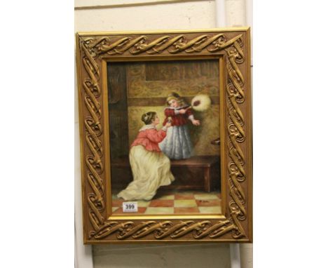 Ornate gilt framed oil on panel portrait of a 19th century lady with girl, signed