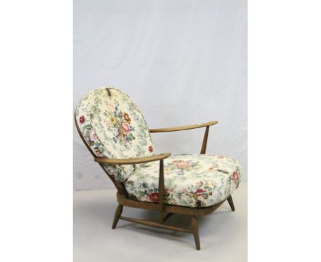 Mid 20th century Ercol Style Low Armchair with Spindle Hoop Back and Cushion Seat and Back