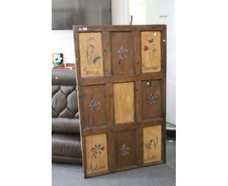 Vintage Pine Nine Section Panel, hand painted with flowers depicting the four seasons and fleur de lis, 101cms wide x 162cms 