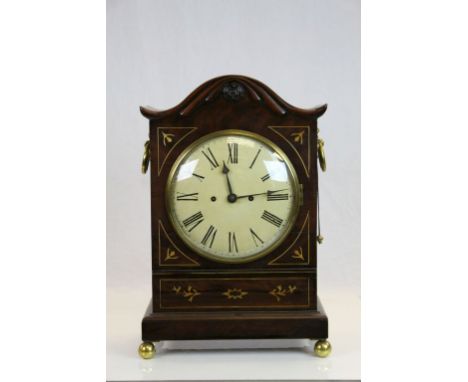 Regency Twin Fusee Bracket Clock, with Enamel dial, Brass inlay, twin Brass handles and on four Brass ball feet, measures app