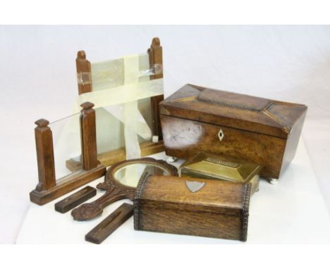 19th century twin sarcophagus tea caddy ,an Art Nouveau Hand Mirror, Two Art Deco picture frames and two cigarette boxes.