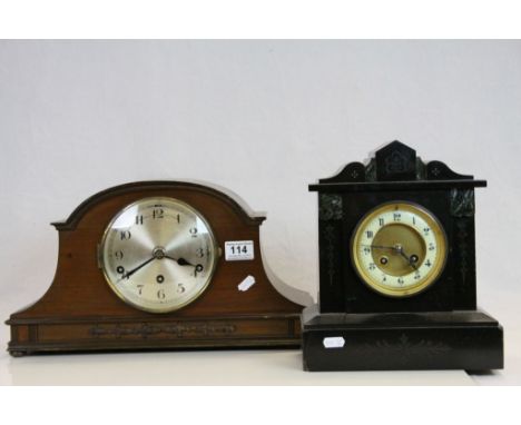 Mid 20th century dome topped bracket clock with three train movement and a Slate Mantle Clock with two train movement.