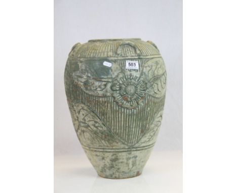 Large vintage Green painted Teracotta Pot with Floral incised decoration, stands approx 44cm