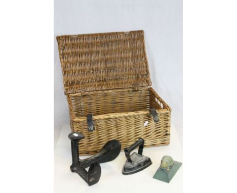 Small wicker hamper together with vintage cobblers last, Salter iron and a hedgehog door jam