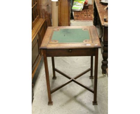 Art Nouveau Oak Liberty's style Flip Top Card / Games Table with green baize inset playing surface and faux drawer, 61cms wid