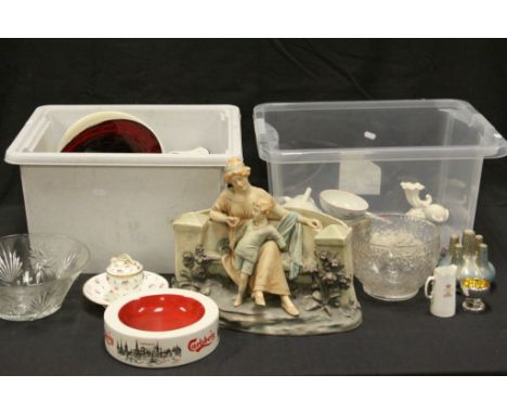 Two boxes of Ceramics and Glass to include, Mother &amp; Child Flower Trough, Minton Inkwell, Worcester, Mintons, Belleek, Or