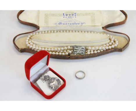 A cased set of Lotus simulated pearls together with a silver necklace and ring.