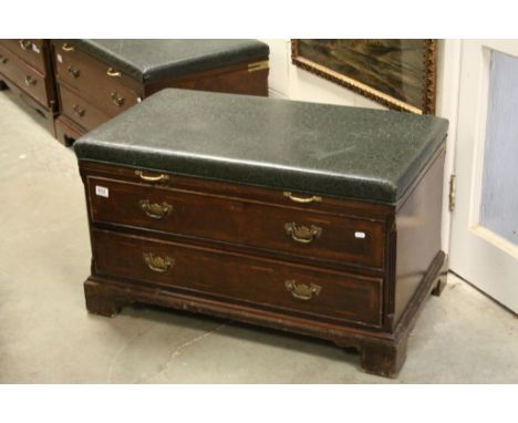 Vintage two draw Ottoman with green vinyl patterned top approx. 90cm x 52cm x 54cm, vendor advices originally from Dorchester