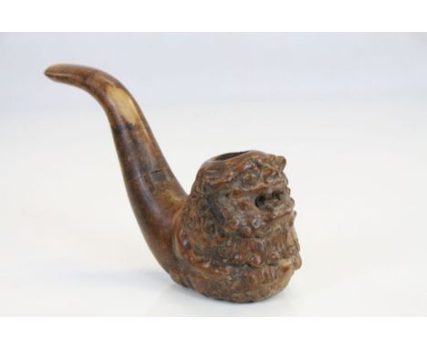 19th C Oriental carved Hardwood Pipe with "Lion" bowl, approximately 15cm long in total &amp; unused