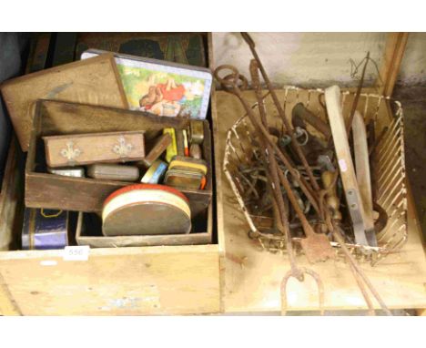 A collection of various tins and boxes, to also include a collection of tools.