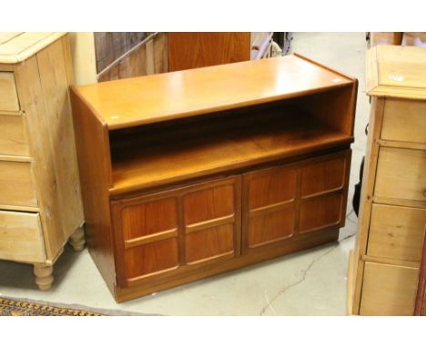 Mid 20th century Retro Nathan Teak Side Cabinet with Shelf over Two Square Panelled Cupboard Doors, 102cms wide x 45cms deep 