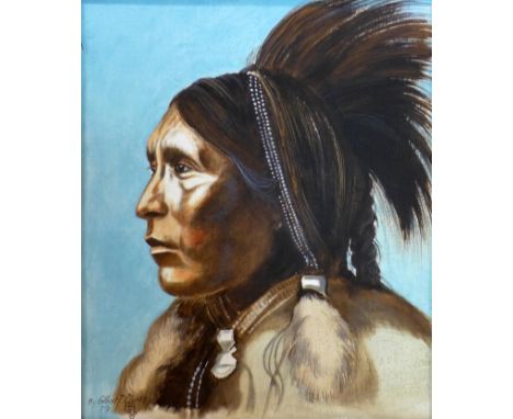 A 20th century oil on board, portrait of a native American, signed Gilbert Clarke, 50 x 39cm 