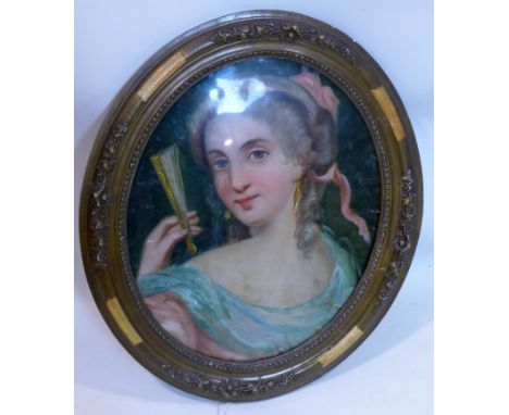 An antique oval portrait painting on glass, in oval gilt frame, 43 x 36cm 
