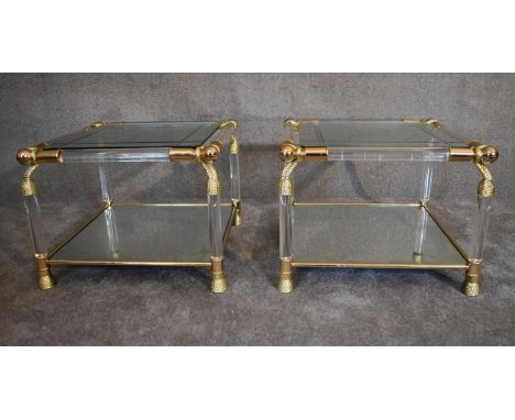 A pair of Empire style side tables with gilt metal frame and mirrored shelf to base and glass shelf to tops.  60cm x 60cm 