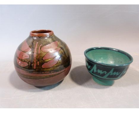 A pair of studio pottery pieces by David Lloyd Jones. The vase with an abstract stylised foliate design, the small footed bow