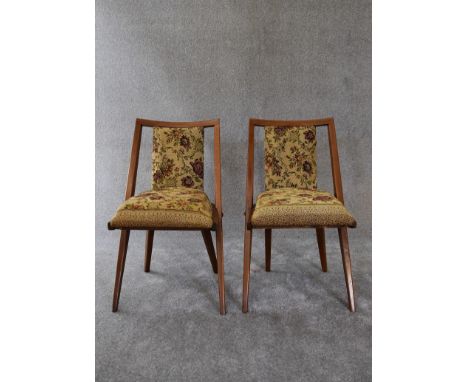 A pair of 1950's vintage beech framed dining chairs in floral tapestry upholstery. H. 80 x 45cm 