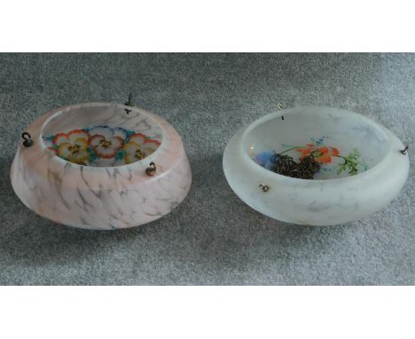 Two Art Deco decoratively painted opaque glass ceiling light shades. 35x35cm 
