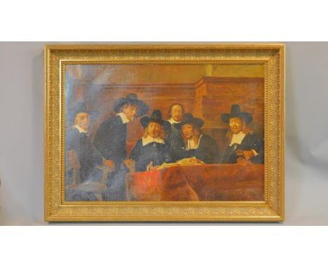 A framed oil on canvas after Rembrandt Van Rijn (1606-1669)'s 'De Staalmeesters'. unsigned. 78x106cm 