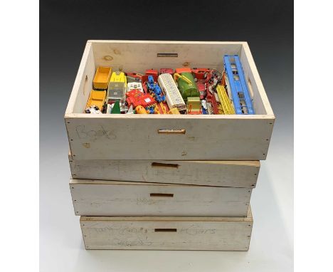 DIECAST TOYS: Four wooden drawers contaiing large qty of diecast toy cars etc including Dinky, Corgi, Lesney, Britains, noted