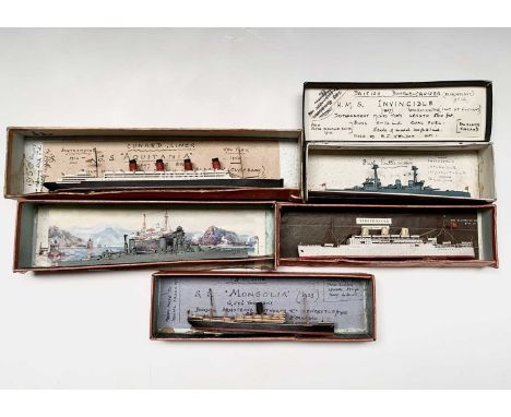 BASSETT - LOWKE - Model ships - 5 ships scale 100 feet to 1 inch. S.S. Mongolia, H.M.S. Lion, Aquitania, Strathnaver and invi