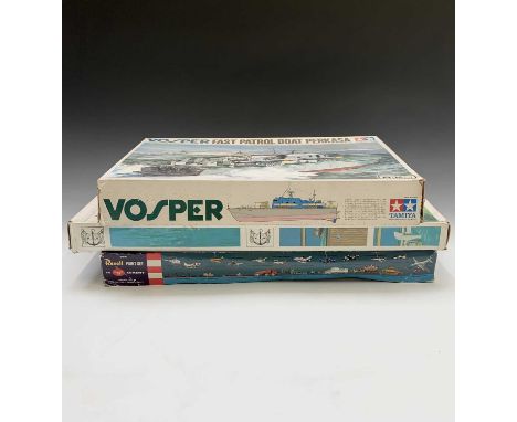 Model kits. 3 model kits comprising: A Revell Guided Missile Fleet &amp; Seaplane tender (2 out of 3 models only); A Tamiya V