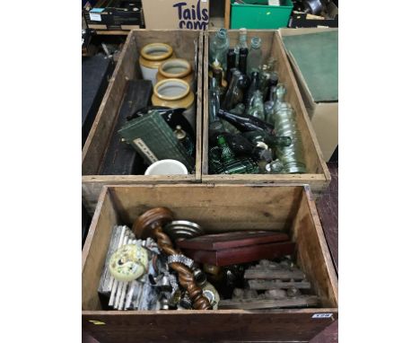 Three boxes of assorted, to include glass advertising bottles, watches, and ceramic tiles etc. 